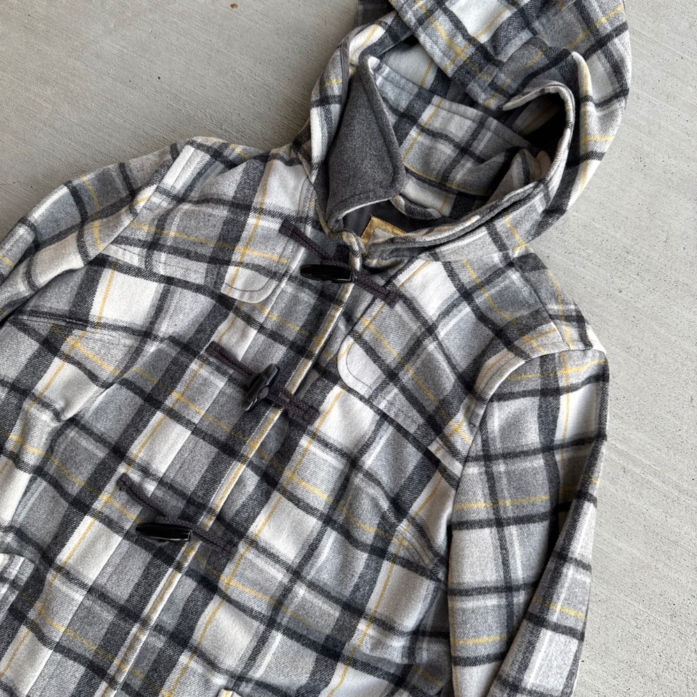 Old Navy Duffle Coat Womens Large Tall Gray Plaid Wool Blend Hooded Jacket